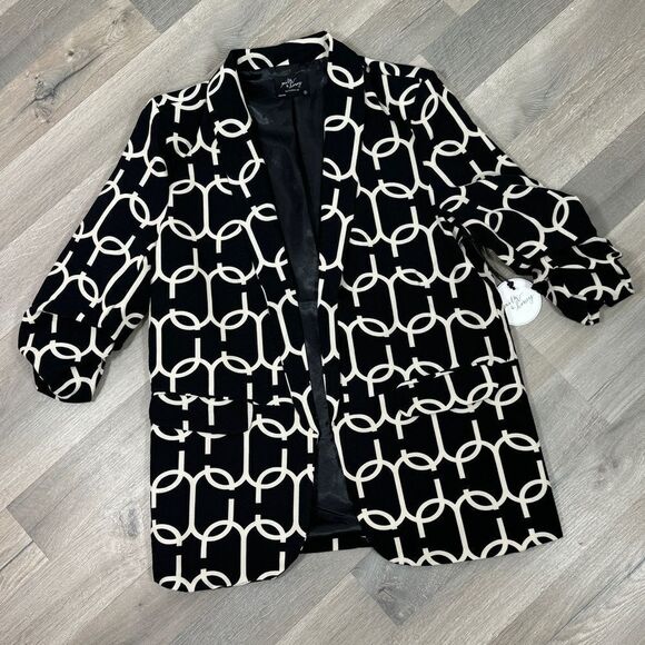 Milk & Honey Printed Ruched Sleeve Blazer Jacket Black White Small Chain Link - Picture 15 of 15